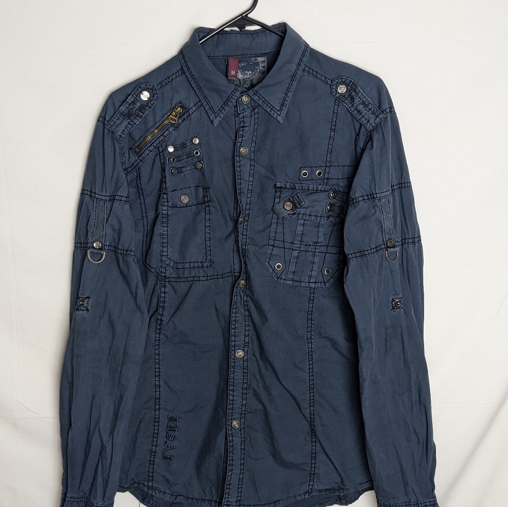 FUSAI Jeans Military Style Rollup LS Snap Button Shirt Pockets Men Size M Blue